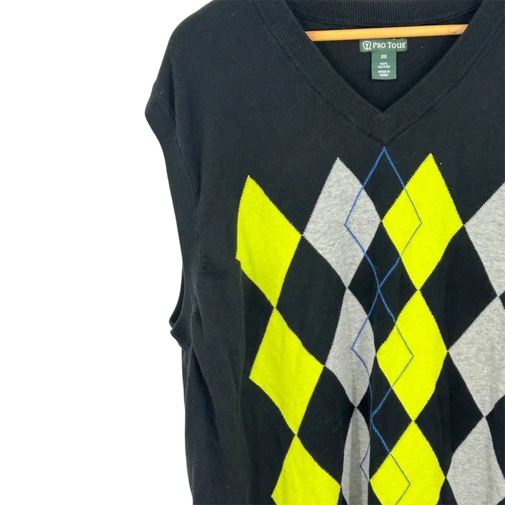 Pro Tour Mens Argyle Sweater Vest V-Neck Black Yellow Gray 3X